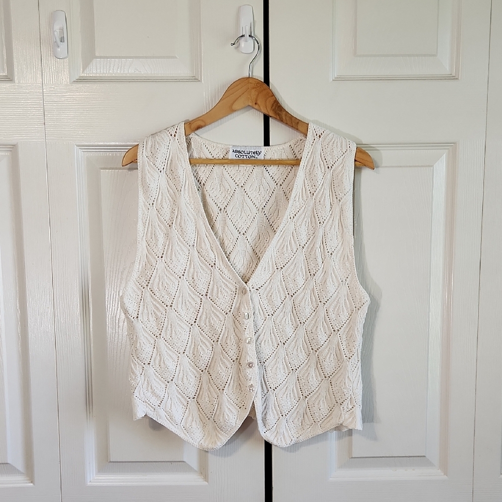 Vintage Absolutely Cotton Cream Sweater Vest Size LG Button Cottagecore Neutral